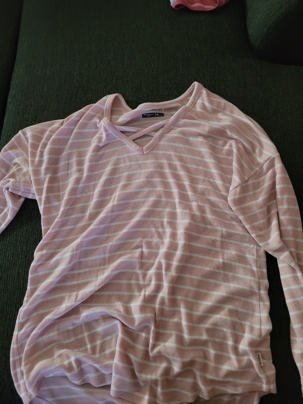 Comfort Zone Pink and White Striped Long Sleeve V-Neck Shirt